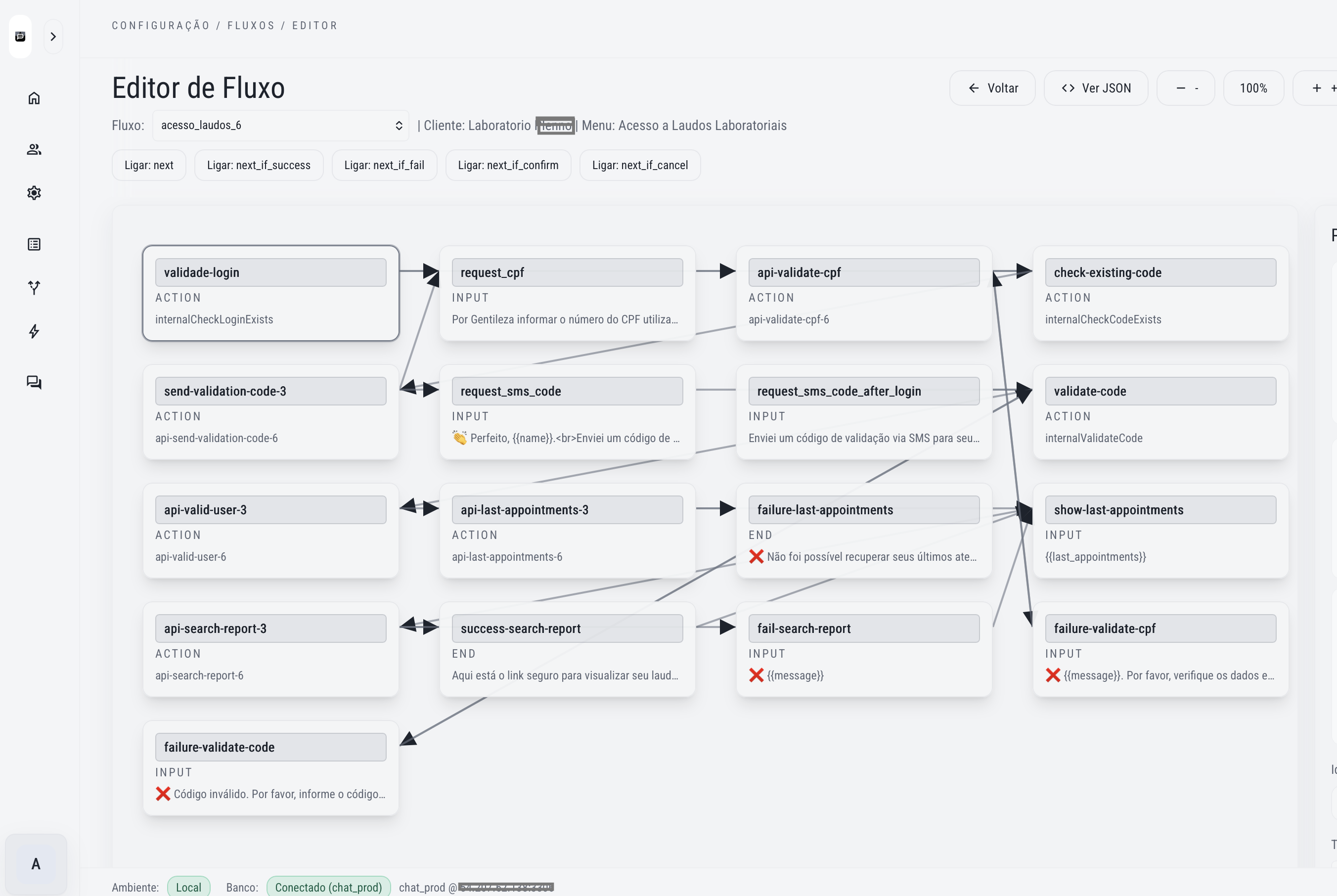 Editor de fluxos do W3N ChatBot para configuracao do atendimento automatizado