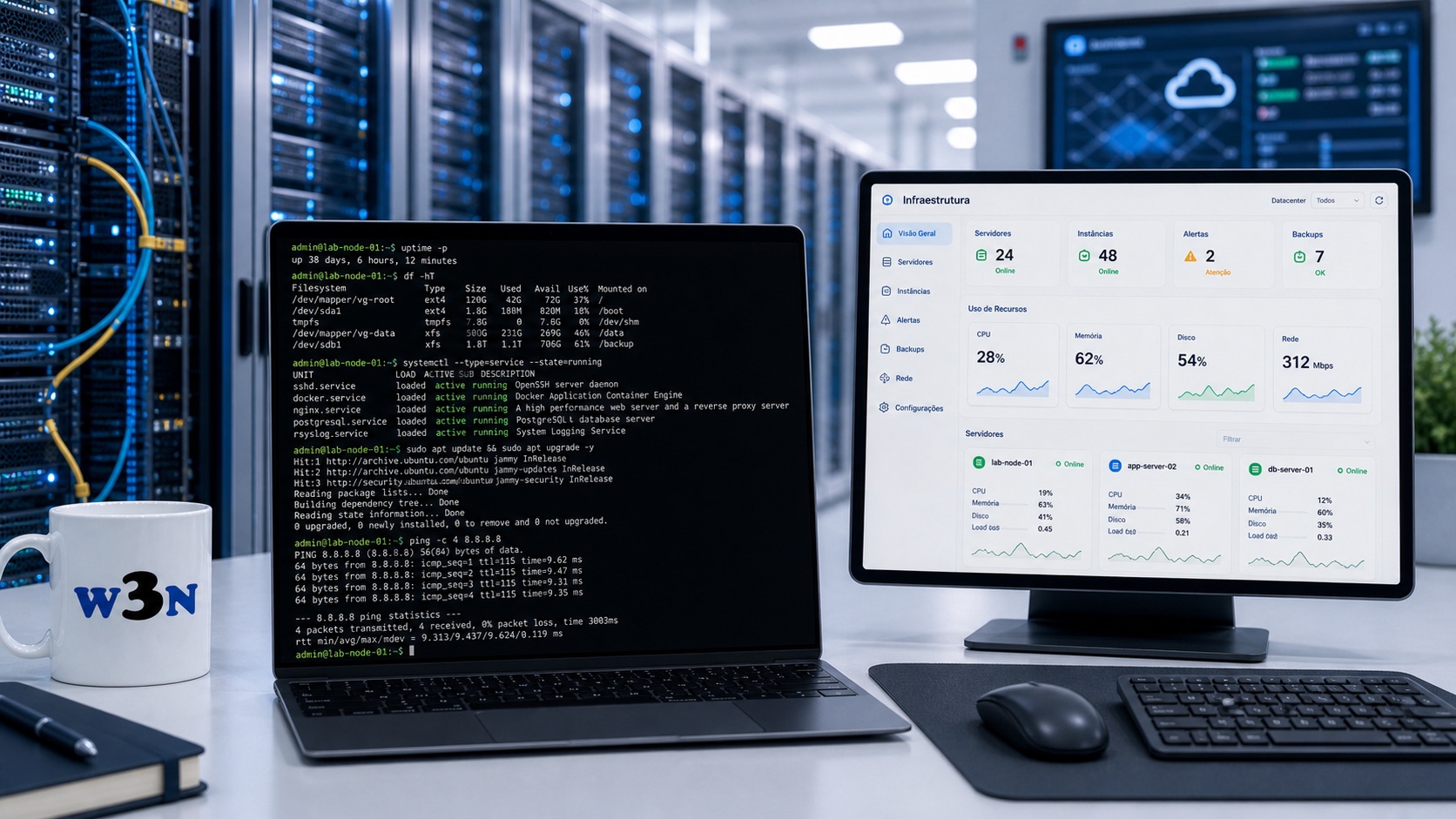 Visual moderno de infraestrutura em nuvem do W3N Cloud